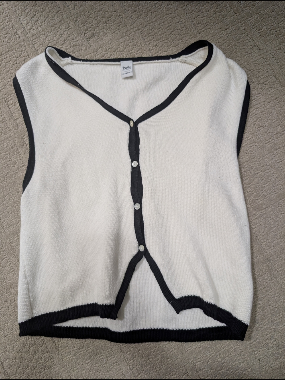 twik Cream Sleeveless Button-Front Cardigan with Black Trim